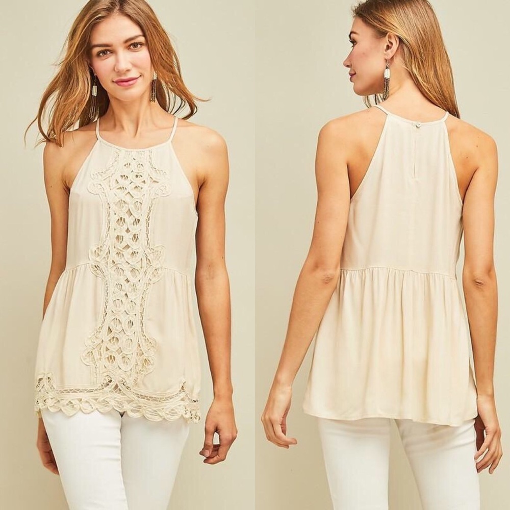 Natural High Neck Top With Crochet Details - Picture 1 of 5